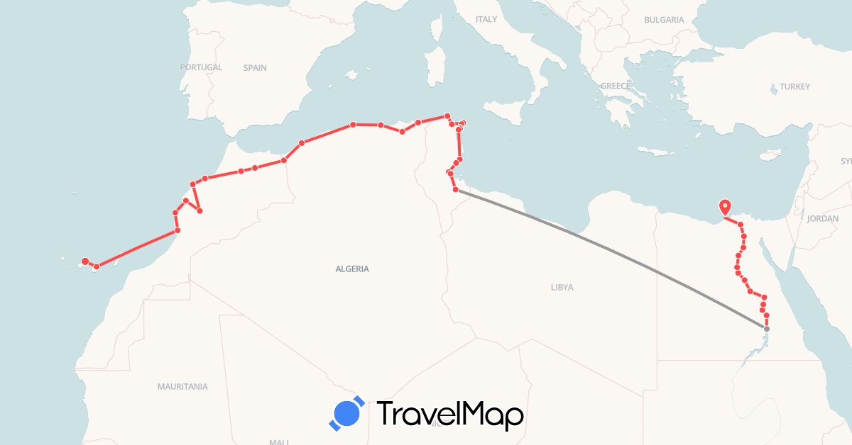 TravelMap itinerary: driving, plane, hiking in Algeria, Egypt, Spain, Morocco, Tunisia (Africa, Europe)