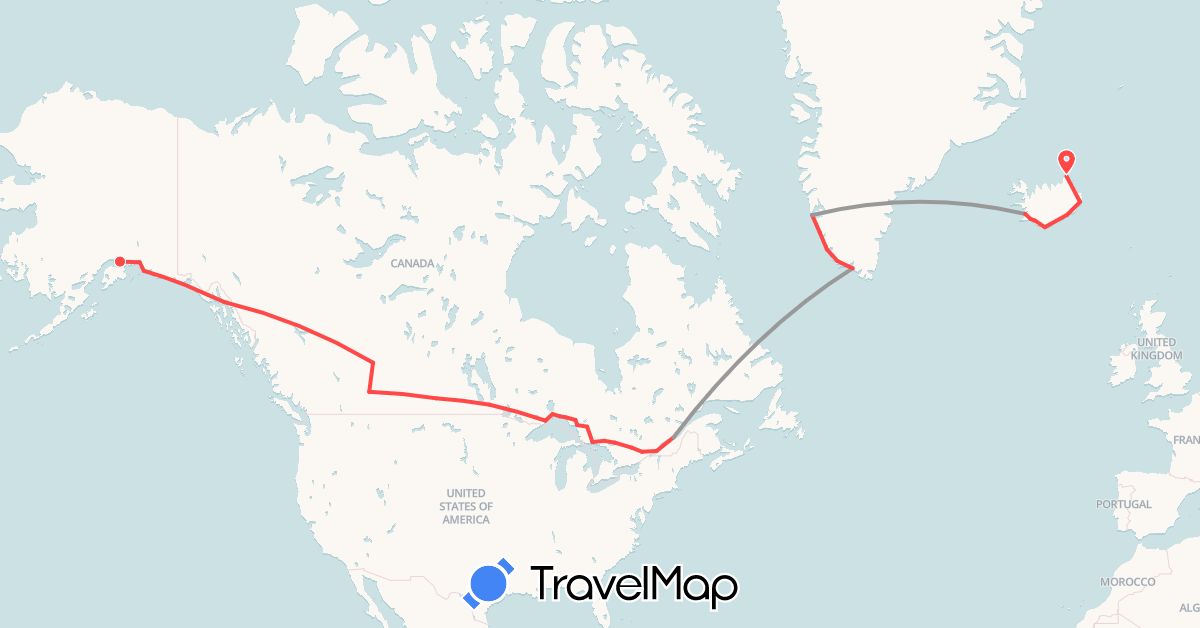 TravelMap itinerary: driving, plane, hiking in Canada, Greenland, Iceland, United States (Europe, North America)