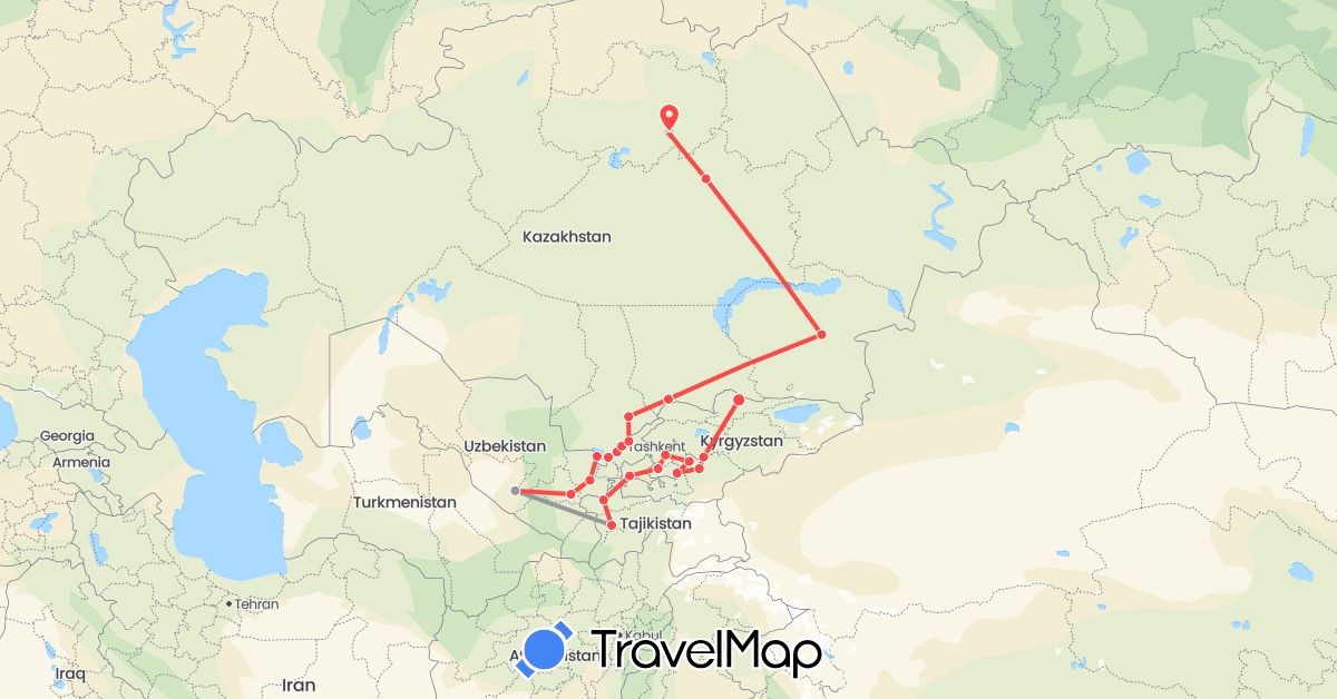 TravelMap itinerary: driving, plane, hiking in Kyrgyzstan, Kazakhstan, Tajikistan, Uzbekistan (Asia)