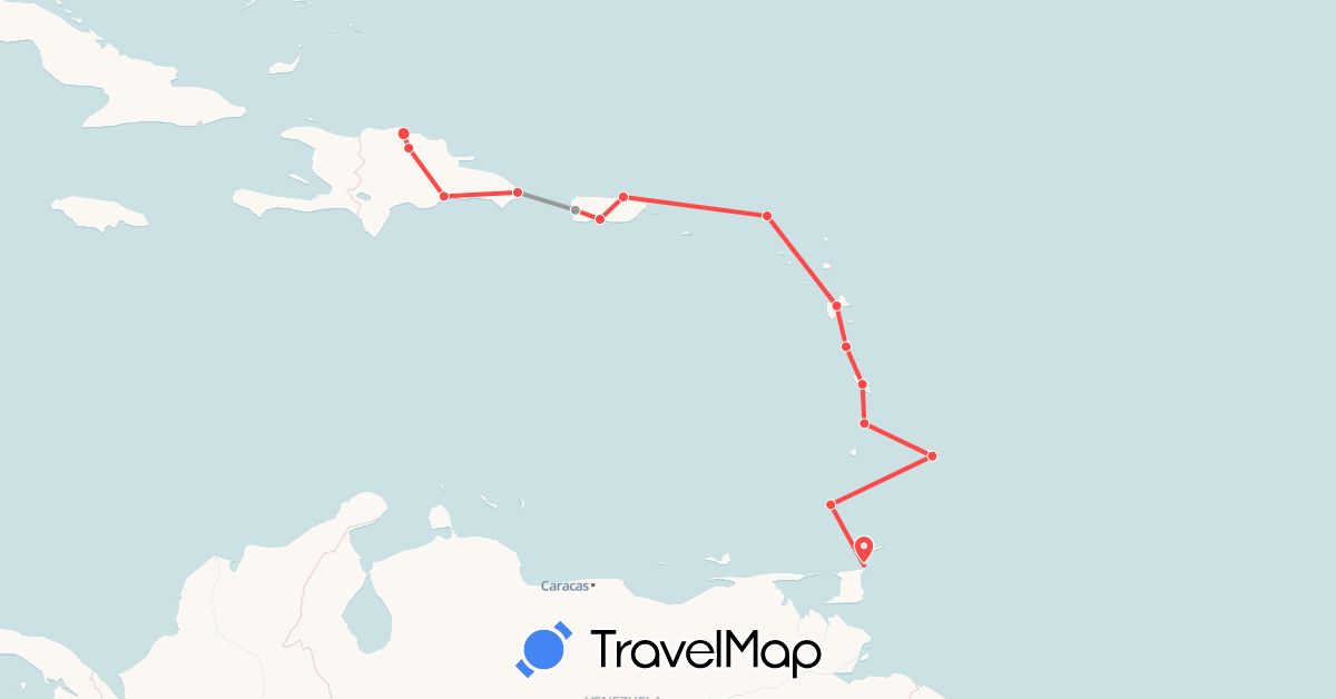 TravelMap itinerary: driving, plane, hiking in Barbados, Dominica, Dominican Republic, France, Grenada, Saint Lucia, Trinidad and Tobago, United States (Europe, North America)